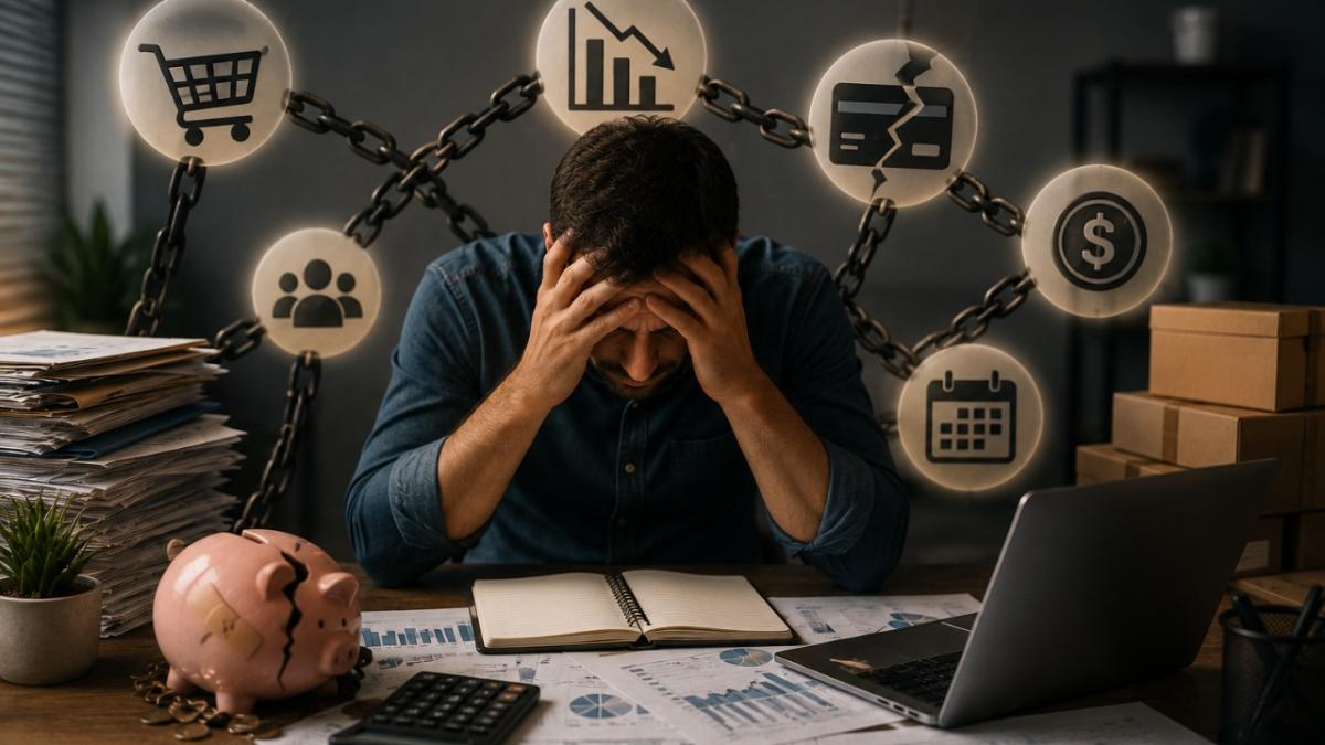 Empresário analisando planilhas e relatórios financeiros sobre a mesa com calculadora