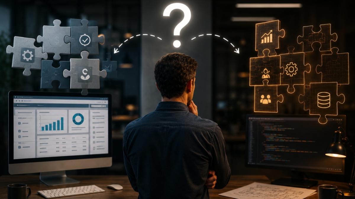 Gestor analisando comparativo entre ERP pronto e sistema sob medida em tela de computador