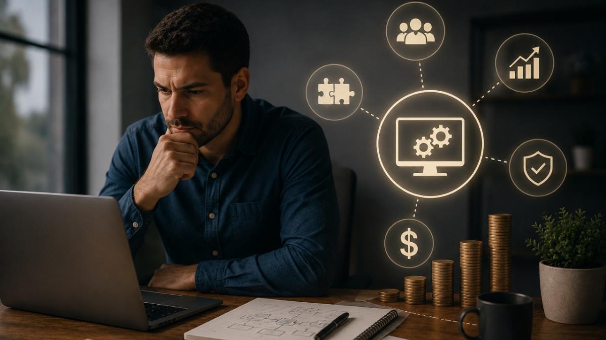 Empresário analisando orçamento de sistema de gestão personalizado em tela de computador