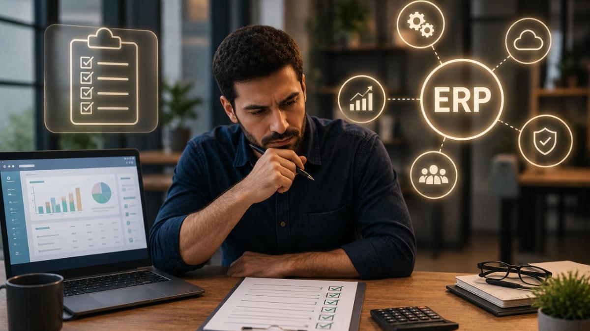 Gestor de PME analisando checklist de critérios para escolha de um sistema ERP