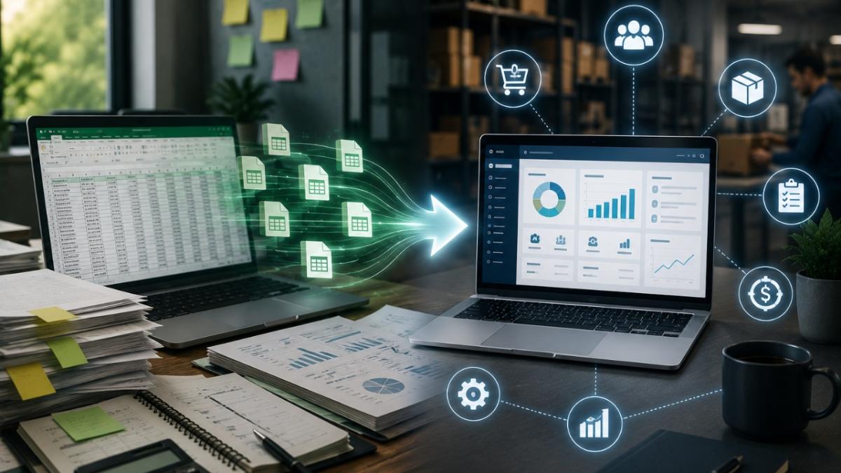 Gestor comparando planilha de Excel com dashboard de ERP em tela de computador