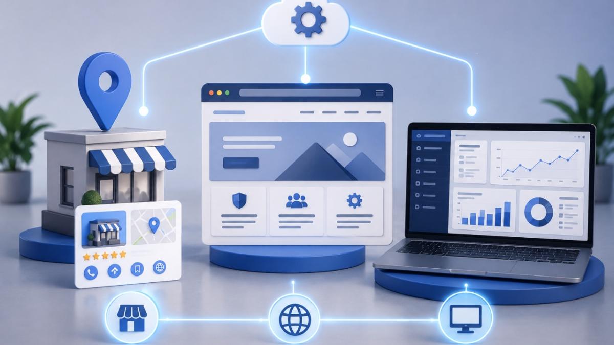 Dono de pequena empresa configurando presença digital com computador e smartphone na mesa