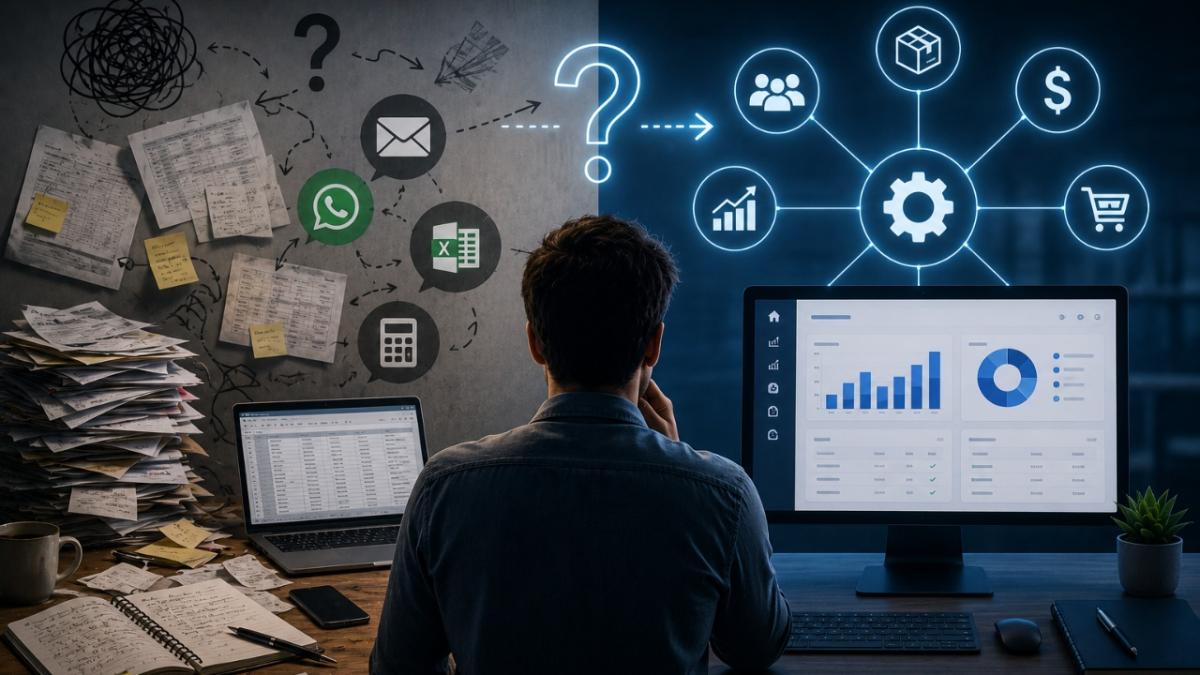 Gestor analisando dados em um sistema ERP no escritório.