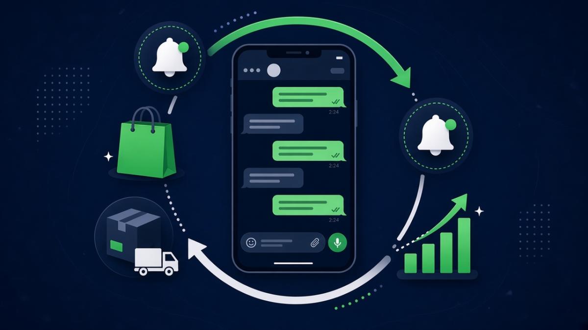 Ilustração de smartphone com conversa no WhatsApp cercado pelo ciclo de compra, entrega, lembretes e recompra
