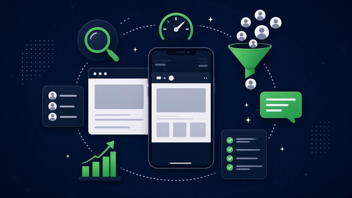 Ilustração de celular e página de site analisados com lupa, velocímetro, funil de visitantes, conversa no WhatsApp e checklist de melhorias